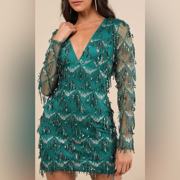 NWT Lulus Green Gold Embellishments‎ V Neck Zippered Cocktail Dress Size Small. - Picture 1 of 11